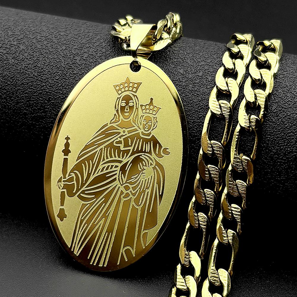 Ovales Medaillon Jungfrau Maria Anhänger Halskette für Damen Herren Edelstahl Goldfarbe Katholisch Unsere Liebe Frau vom Berg Karmel Kette Schmuck