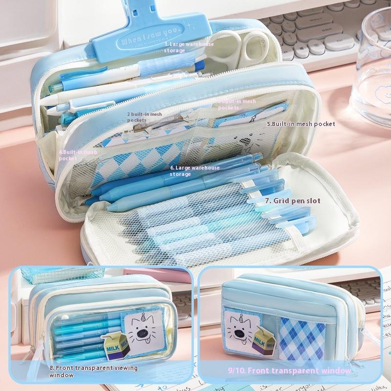 1Pc High-Value Transparent Pen Bag Large Capacity Simple Korean Version Multi-Functional Student Stationery Storage Bag