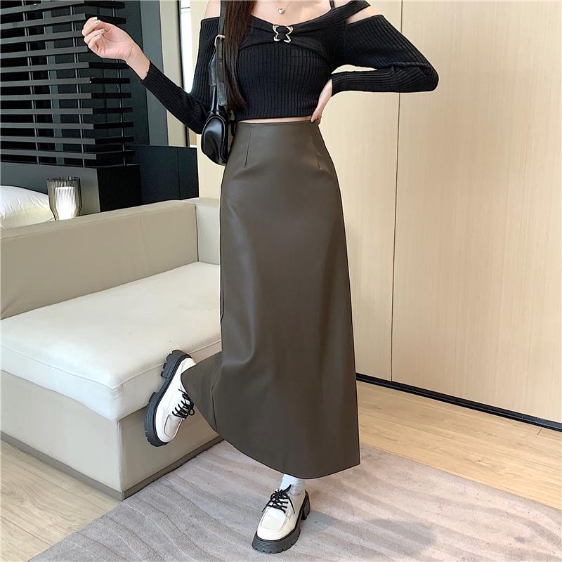 Schwarzer Damen Midirock mit hoher Taille aus PU-Leder - Figurbetonend A-Linie Bodycon mit Schlitz