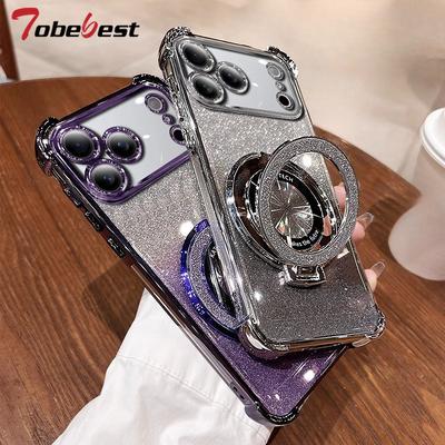 Shockproof Glitter Plating Magnetic Bracket Case for IPhone 17 Air 16 16E 15 14 Plus 13 12 Mini 11 Pro XS Max XR Silicone Cover