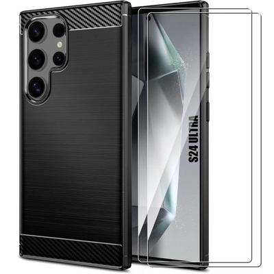Case and 2 Tempered Glasses - BOOLING - for Samsung Galaxy S24 Ultra - Shockproof Protection - Rubberized TPU - Black