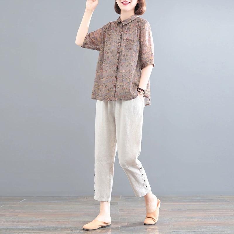 Summer Faion Cotton Linen Set for Mom Mid-aged And Ly Women Printed Harlan Pants Two-piece Set Korean Sle Loose
