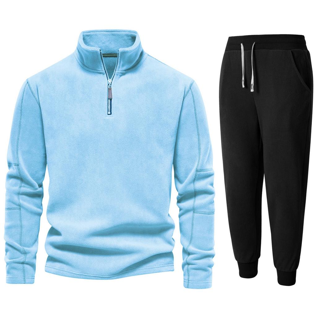 New Solid Color Fleece Sweatshirt for Men Stand Collar Zipper Long Sleeve Top Coat Two-piece Set