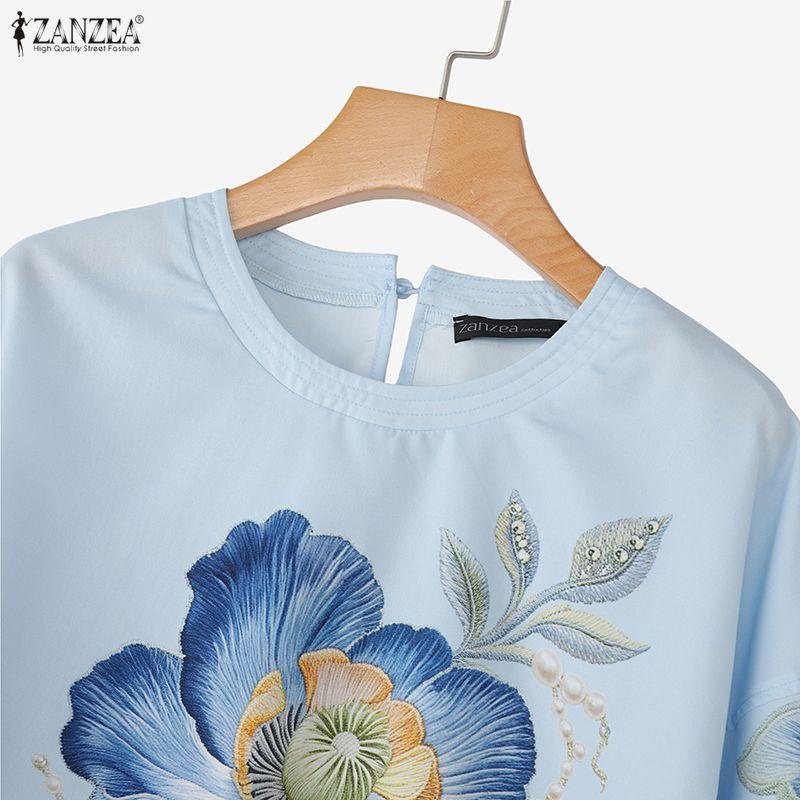 ZANZEA Women Casual Round Neck Floral Print Loose 3/4 Sleeve Blouse
