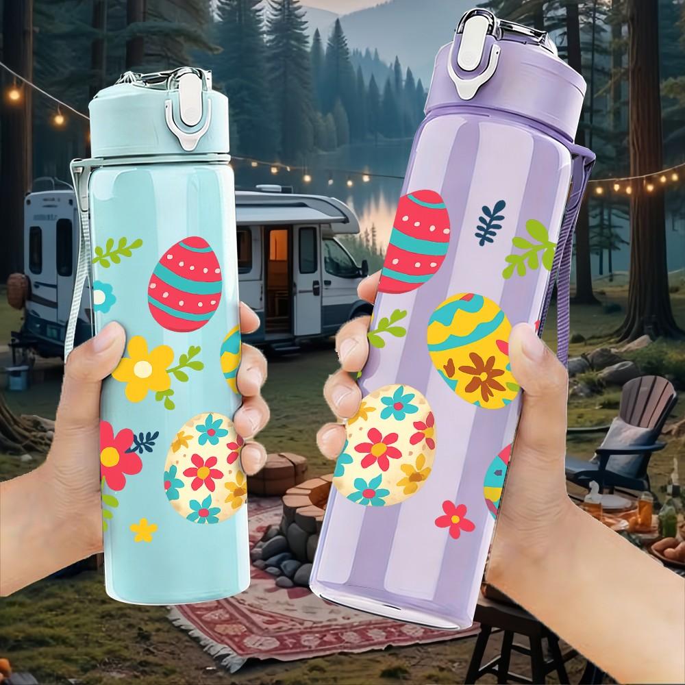 1PC Colorful Easter Egg Pattern Print 750ml Color Plastic Sports Water Bottle Leakproof Flip Straw Lid Suitable for Sports Office Home Use