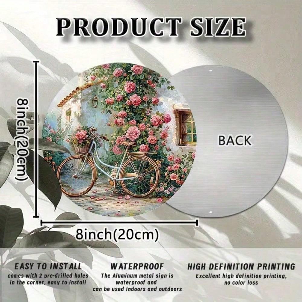 Metal Wall Art Vintage Rose Bicycle Round Decor for Garden