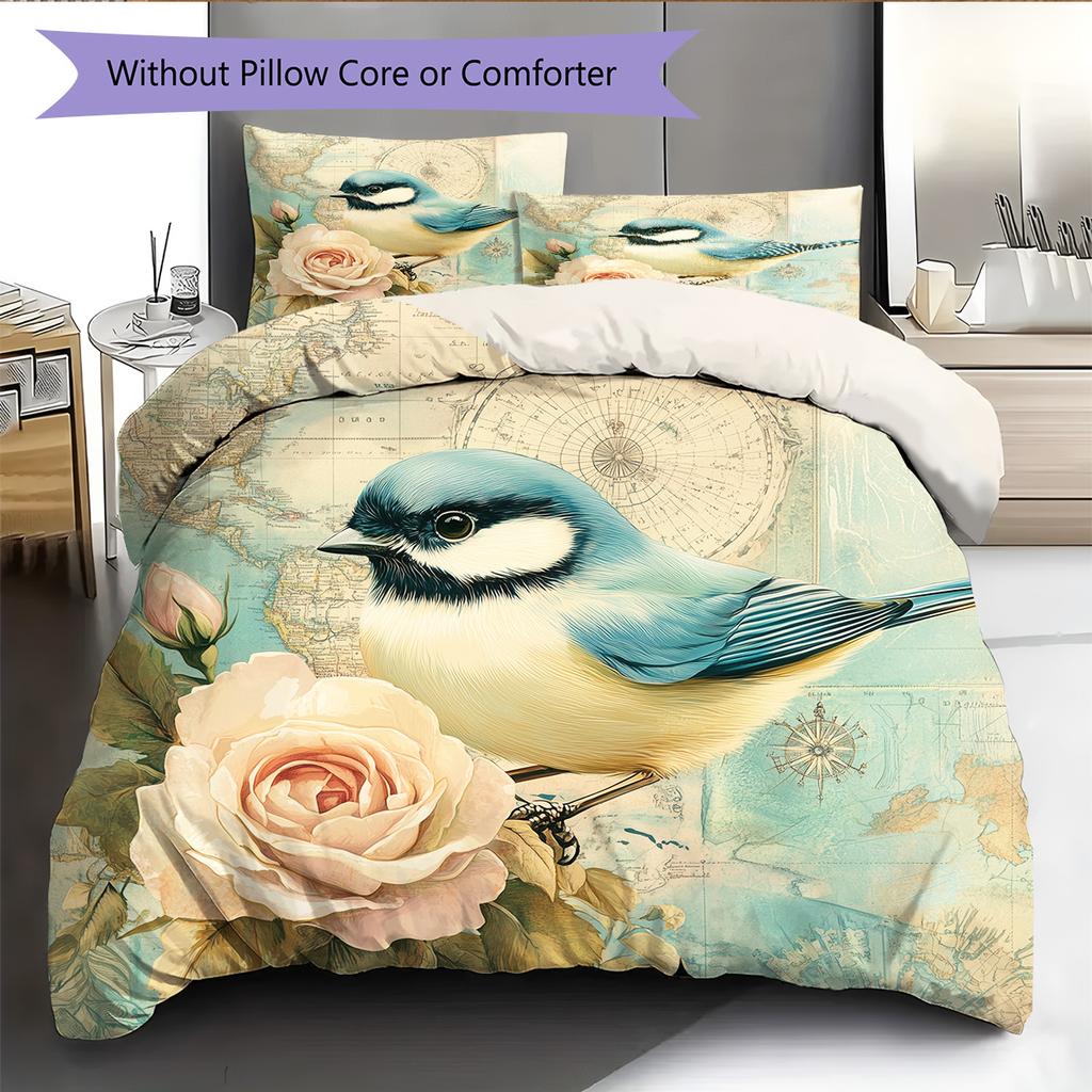 Map Flower Bird Pattern Bedding Quilt Set  Home Decoration  Gift (1 * duvet cover + 2 * pillowcase  without core)