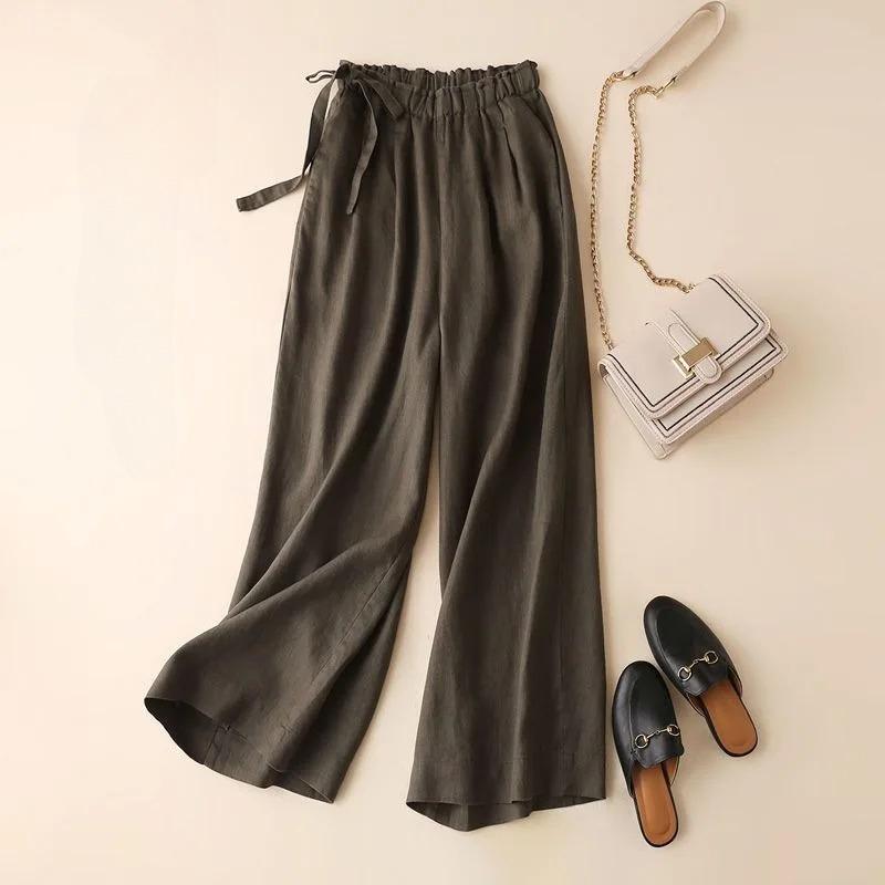 Women's Summer High Waist Wide Leg Pants Elastic Side Tie Casual Cropped Trousers