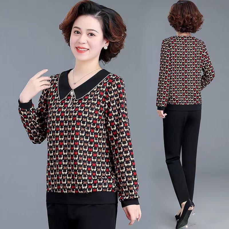 Mittelalte Mutter Frühlingskleid Puppenkragen Ausländischer Stil T-Shirt Kleine Bluse Mittelalte und ältere Frauen Locker Langärmelig Ausländischer Stil Oberteil