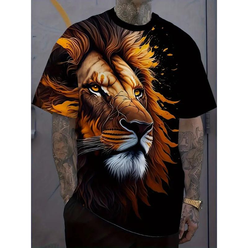 Men's 3D Printed T-shirt Casual Round Neck Lightweight Summer Trend Fashionable Versatile Lion Patterned T-shirt