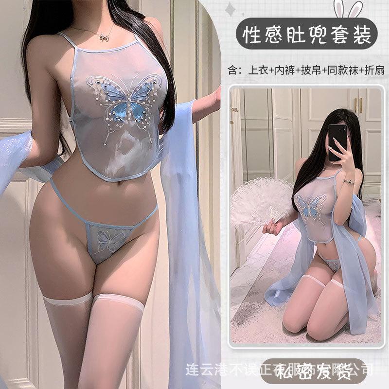 Sexy Lingerie Sexy Embroidery See-through Belly Pocket Set Pure Flirting Pajamas Antique Uniform