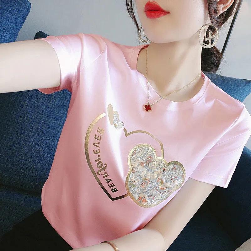 Women's Round Neck White Short-Sleeved T-Shirt with Gold Print - Spring 2025 Niche Design