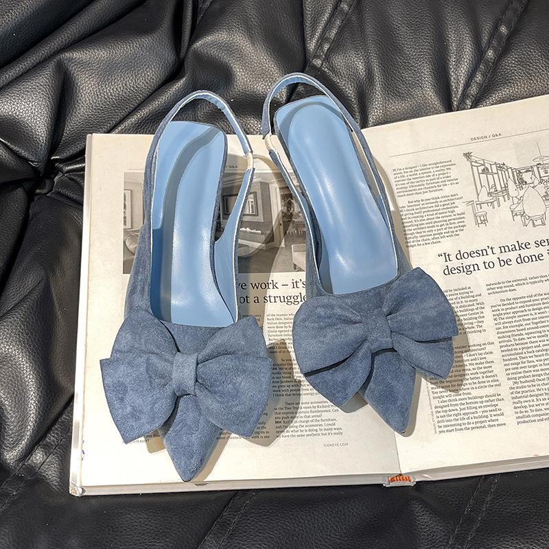 French silver pointed single shoes bow high heel sandals summer new fashion low heel rear empty light mouth slippers women