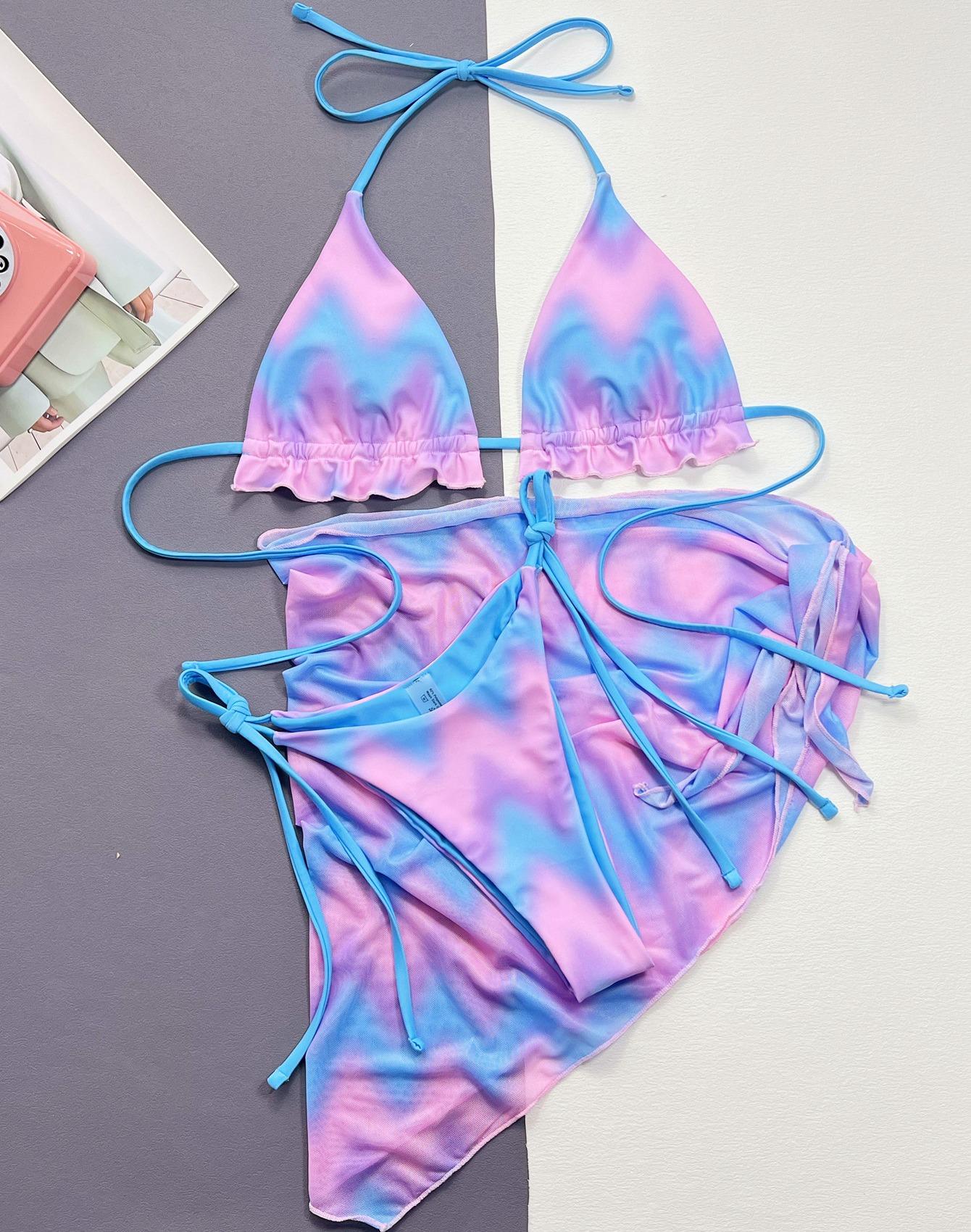 

Женские купальники с подвеской в ​​виде шеи, сексуальные стринги с открытой спиной и боковыми завязками, трехсекционный бикини, пляжный костюм, купальные костюмы L розовый/синий