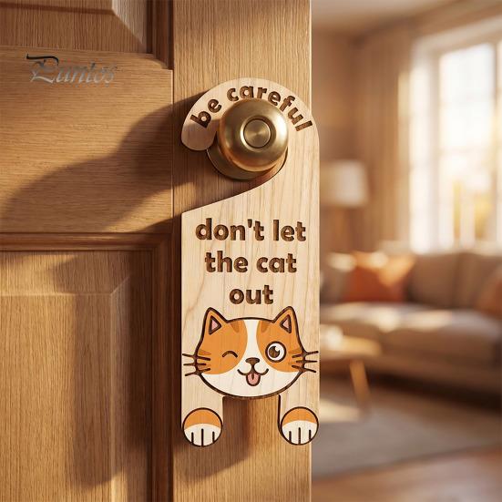 Cat Cafe Decorative Hanger Warning Door Handle Sign, Wooden Cartoon Hanging Reminder, Pet Room Entrance Safety Knob Hanger, for Bedroom And