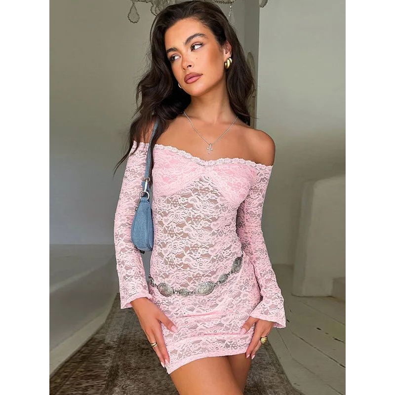 Lace One Neck Short Long Sleeved Dress Lace off-Neck Short Dress