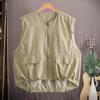 Women Summer Cargo Vest Japanese Style Zipper Clsoure Round Neck Sleeveless Soid Color Loose Cardigan Casual Daily Wear Top