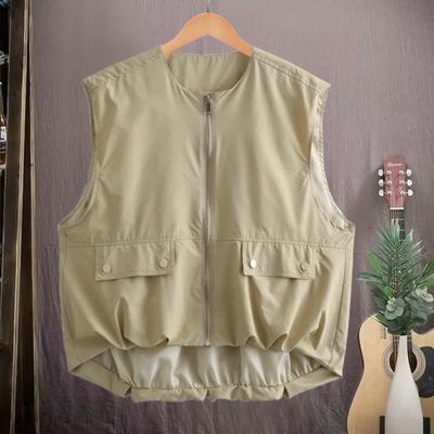 Colete cargo feminino de verão estilo japonês zíper fechado gola redonda sem mangas cor lisa solto cardigan casual uso diário top