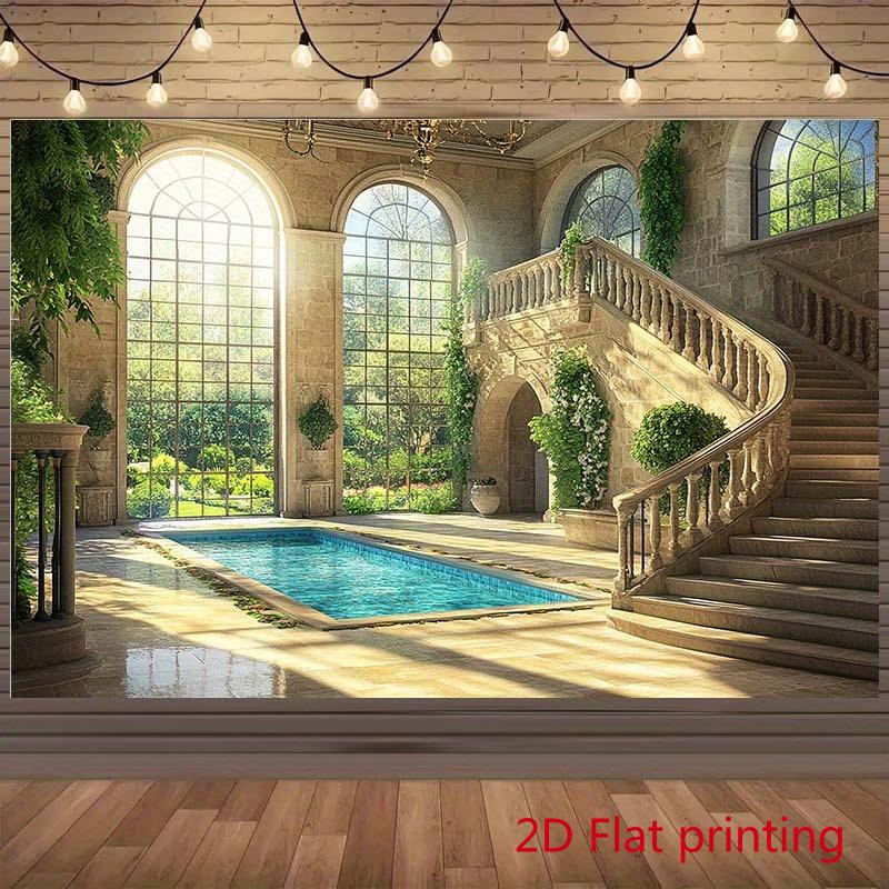 1Pcs Luxury Villa Poolside Grand Staircase Decoration Background Summer Backdrop Decorations For Photo Studio Photo Booth Party