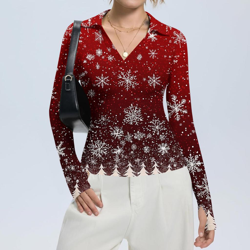 Women's Fashion Casual Christmas Print V-Neck Long Sleeve Button-Down Top