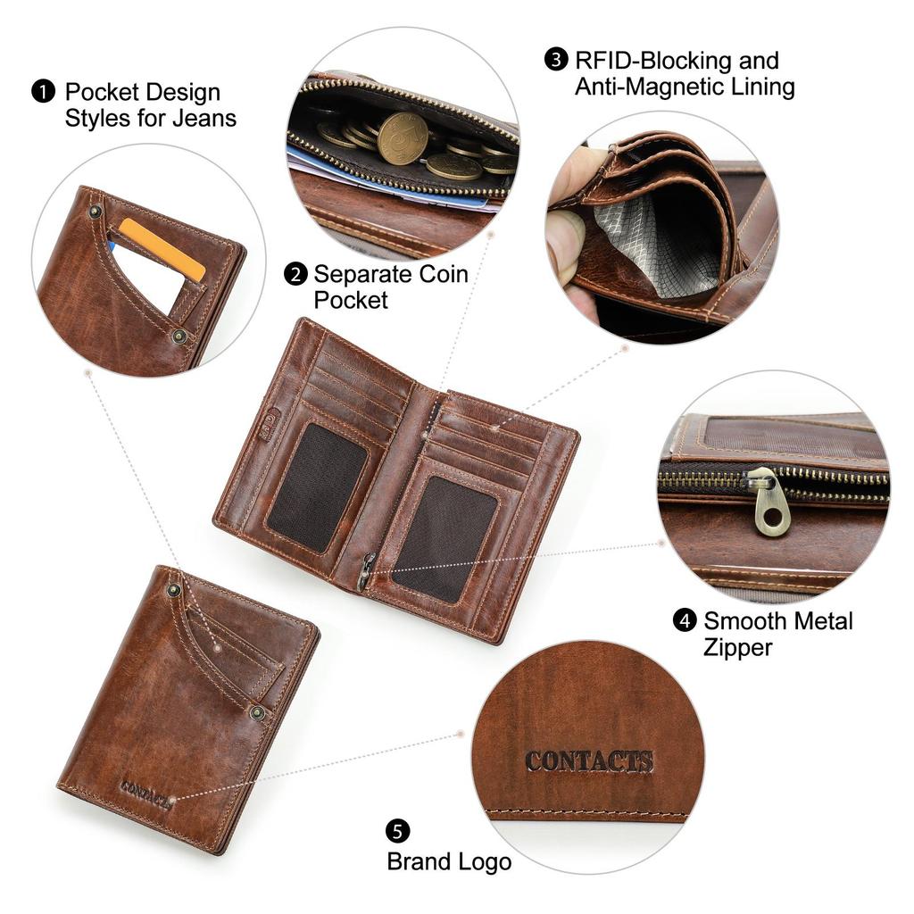 Cartera Monedero Portatarjetas de Cuero Genuino CONTACT'S para Hombre Fundas para Tarjetas con Bloqueo RFID con Bolsillo con Cremallera Portatarjetas de Identificación Cartera Pequeña de Hombre