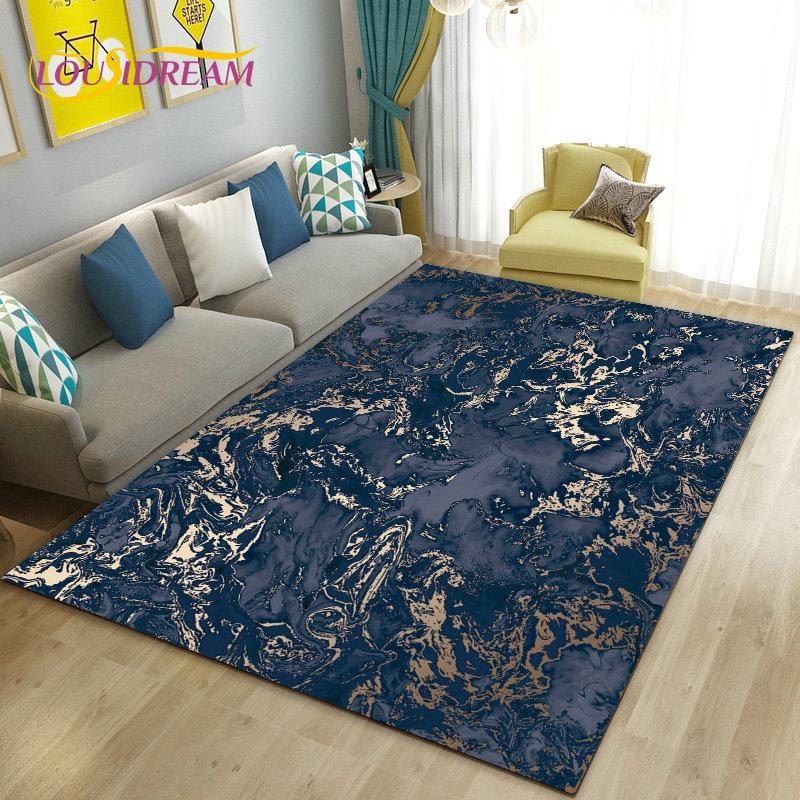 Nordic Black Gold Blue Marble Area Rug Large,Carpet Rug for Living Room Bedroom Sofa Doormat Decoration,kids Non-slip Floor Mat