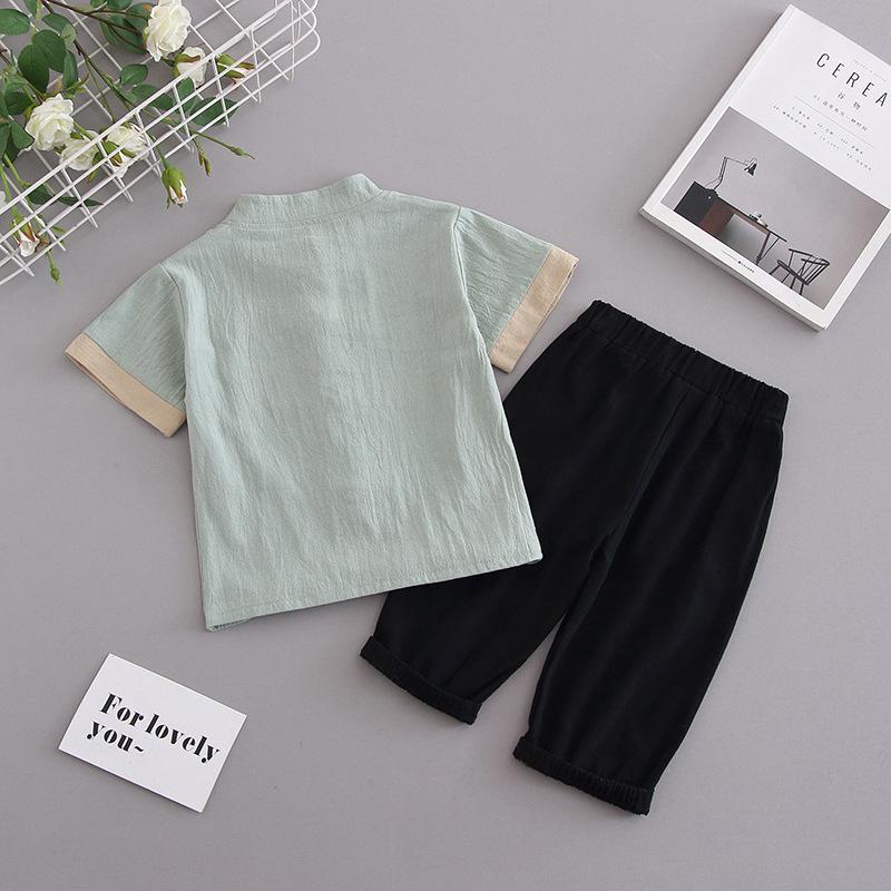 Boys Chinese Style Two-piece Suit Kids Small Children Summer Cotton Linen Outfit Handsome Stylish Breathable Casual Wear For Daily