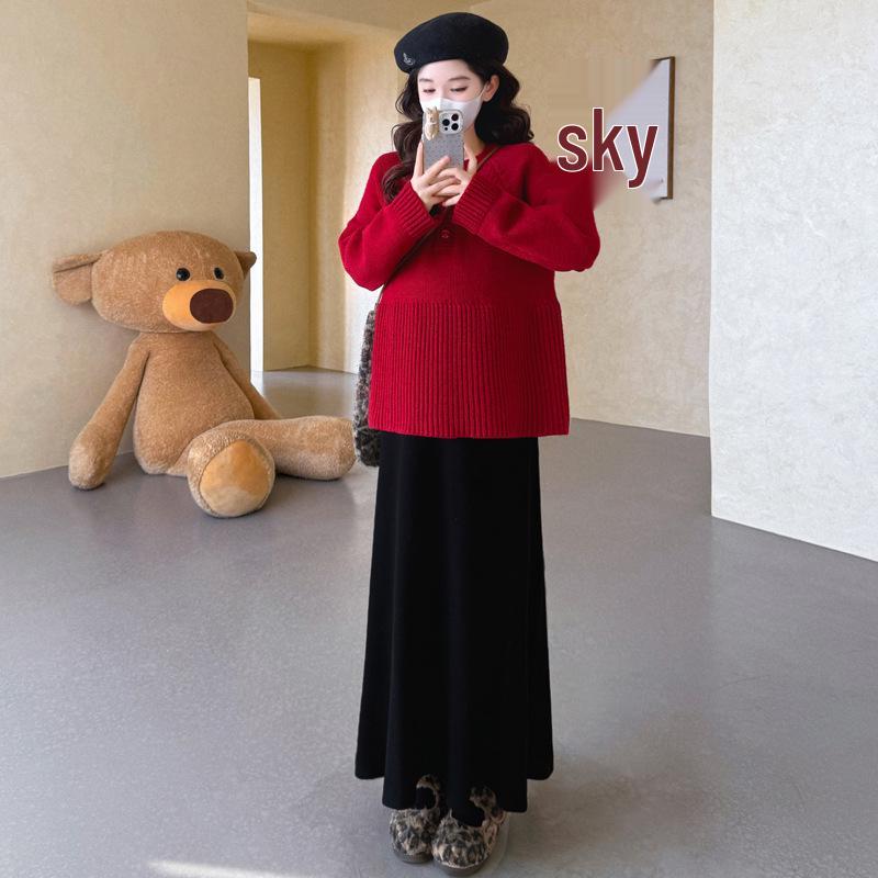 2025 Chic Maternity Set: Korean-Style New Year Outfit with Stylish Doll Top & Skirt L
