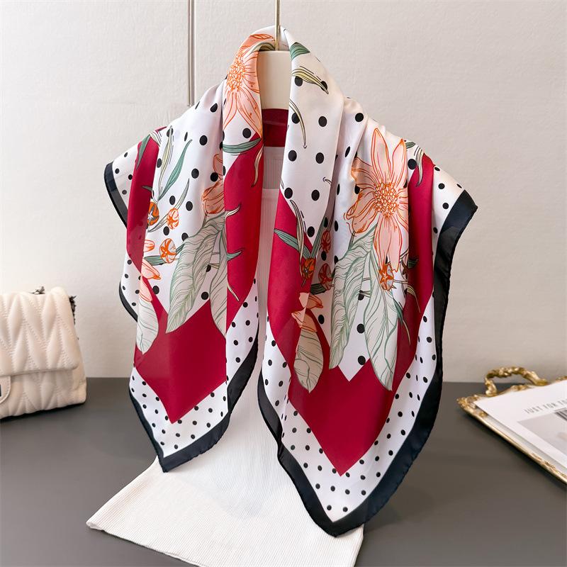 Flower Polka Dot Printing Imitation Silk Scarf Square Scarf High-End Shawl Versatile Neck Small Square Scarf Headscarf Scarf Women