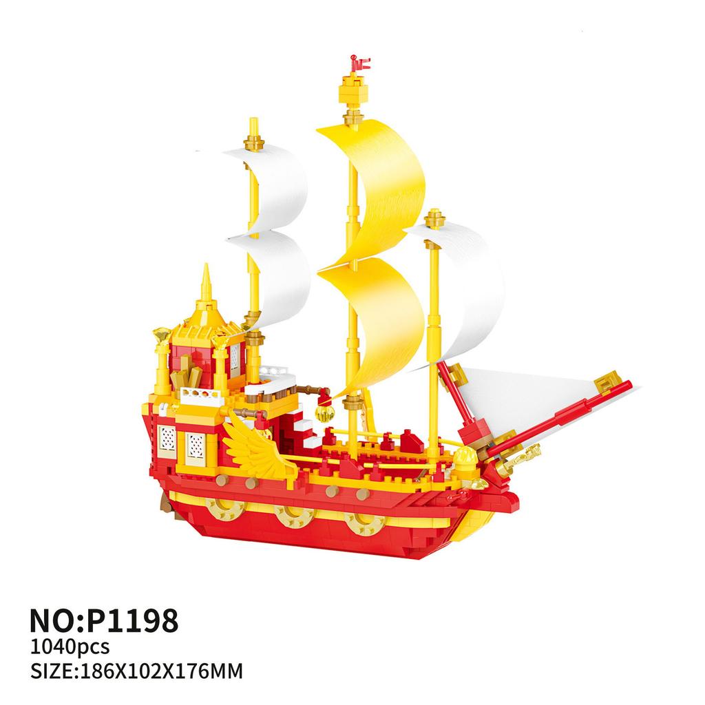 Creative China Dragon Red Headed Boat Micro Diamond Block Royal Ship Sailboat Building Brick Model Nanobrick Toys Collection