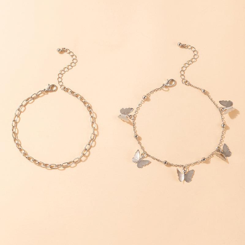 Personalized and Creative Cross Chain Copper Bead Foot Decoration for Women, Double-layer Metal Butterfly Pendant Anklet