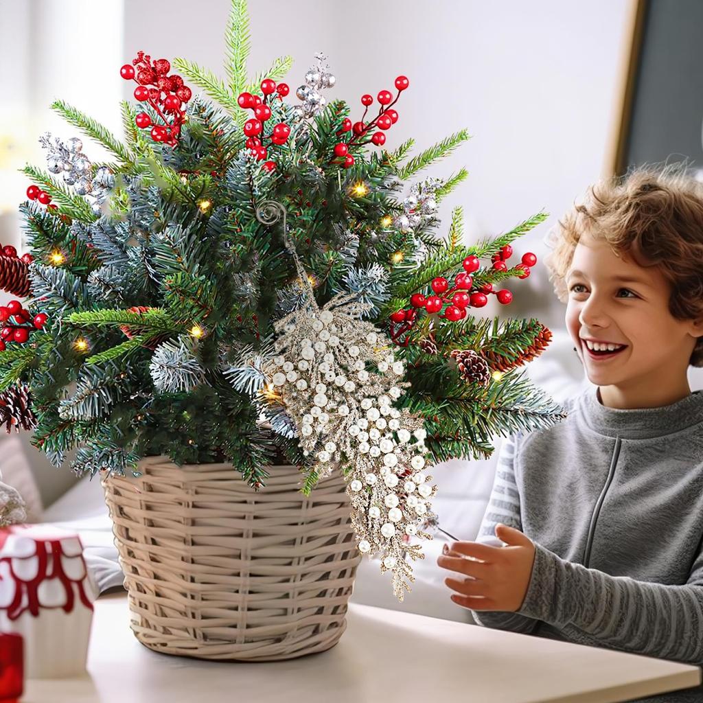 Christmas Tree Branches Ornaments Artificial Shiny Pendant With Pearl Christmas Glitter Stems For Holiday Birthday Party Offices