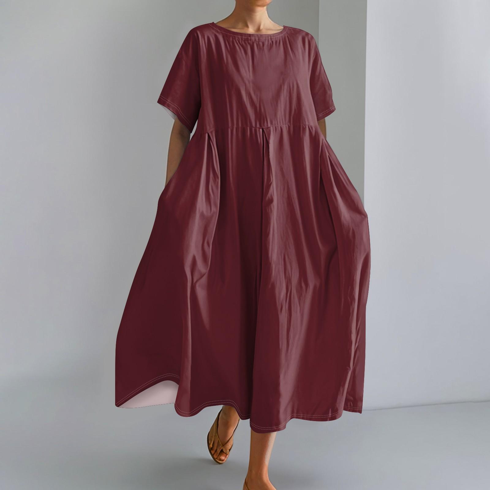 

Женское модное однотонное платье с круглым вырезом и короткими рукавами, свободное платье с карманами и подолом XL винный