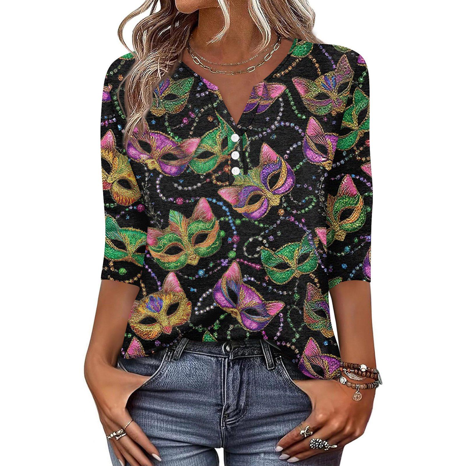 

Women s T Shirt Print Button 3/4 Sleeve Daily Weekend Fashion Basic V- Neck Regular Top XXXL чорний