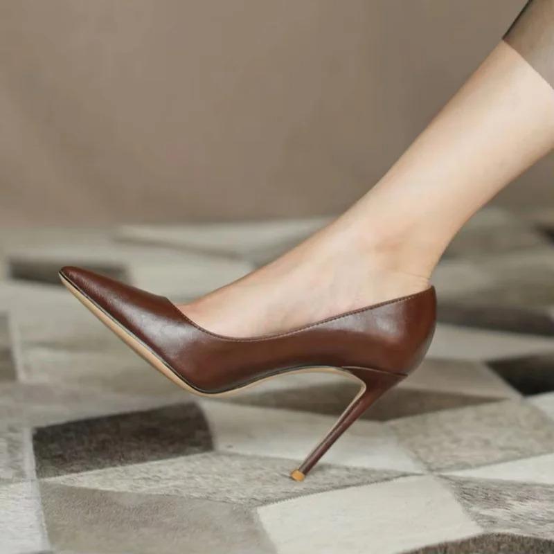 Soleist brown light Heels for women luxury Spring High Heels Shoes Stiletto Pointed Toe Pumps Leather Ladies Prom Party Shoes Women