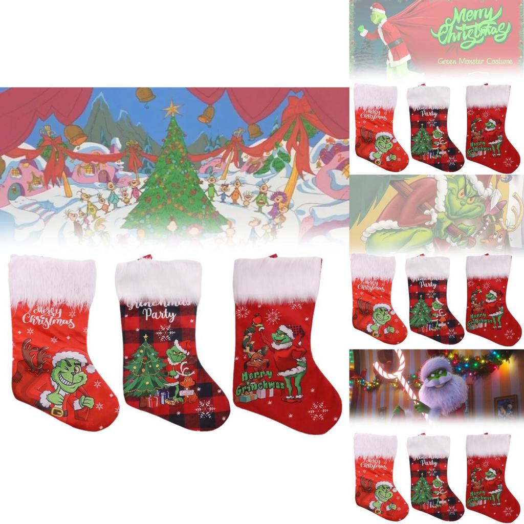 Plush Grinch Christmas Stocking Cozy Gift Bag For Kids Holiday Candy Holder