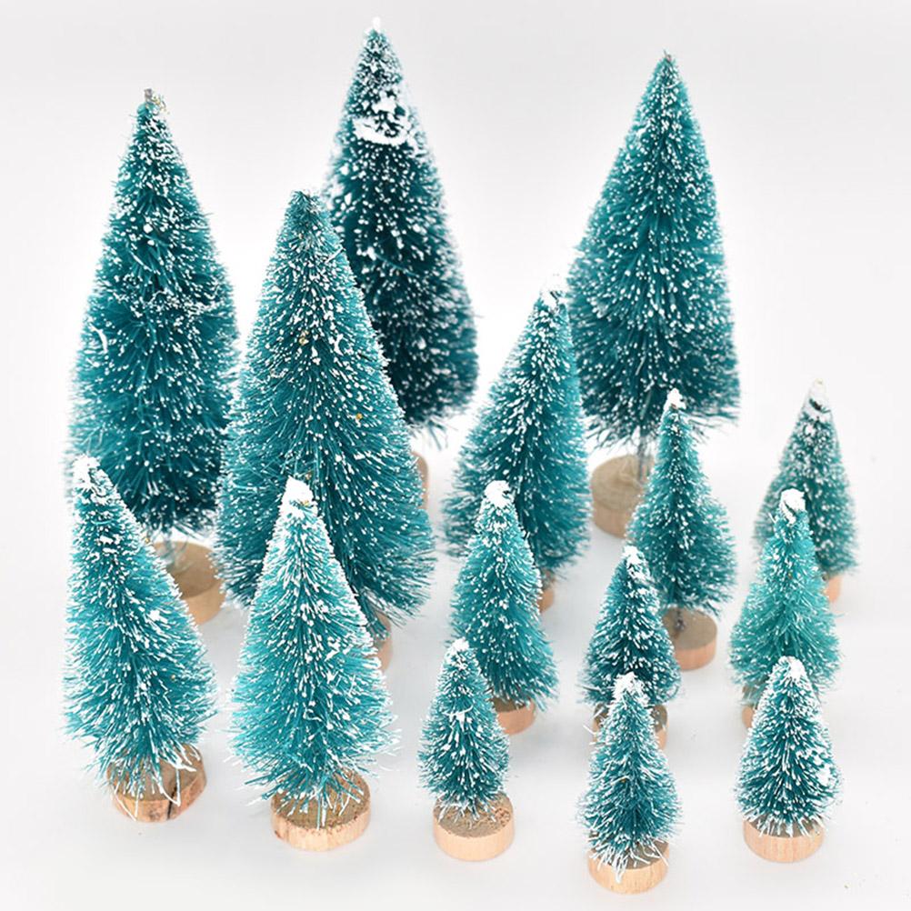 8PCS Mini Christmas Tree Decorations Sisal Snow Covered Pine Tree With Wooden Base For Holiday Party Home Decor