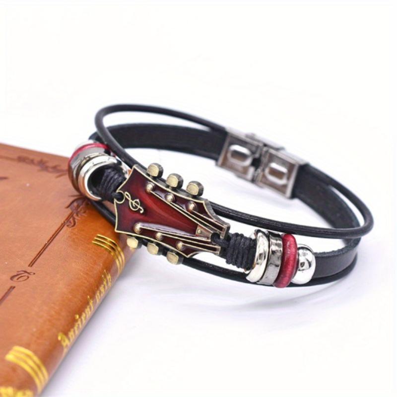 Adjustable Guitar Bracelet with Stainless Steel Clasp - Musical Lover's Accessory, Faux Leather Wristband, Zinc Alloy, Ideal Gift for Christmas