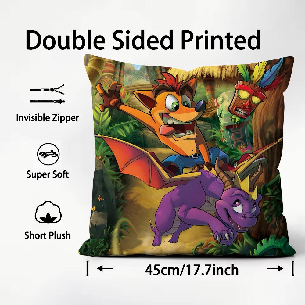 CCrash BandicootT Cartoon Cushion Cover Plush Fabric Soft DoubleSided Printed Sofa Warm Winter Home Child Gift Pillow Case