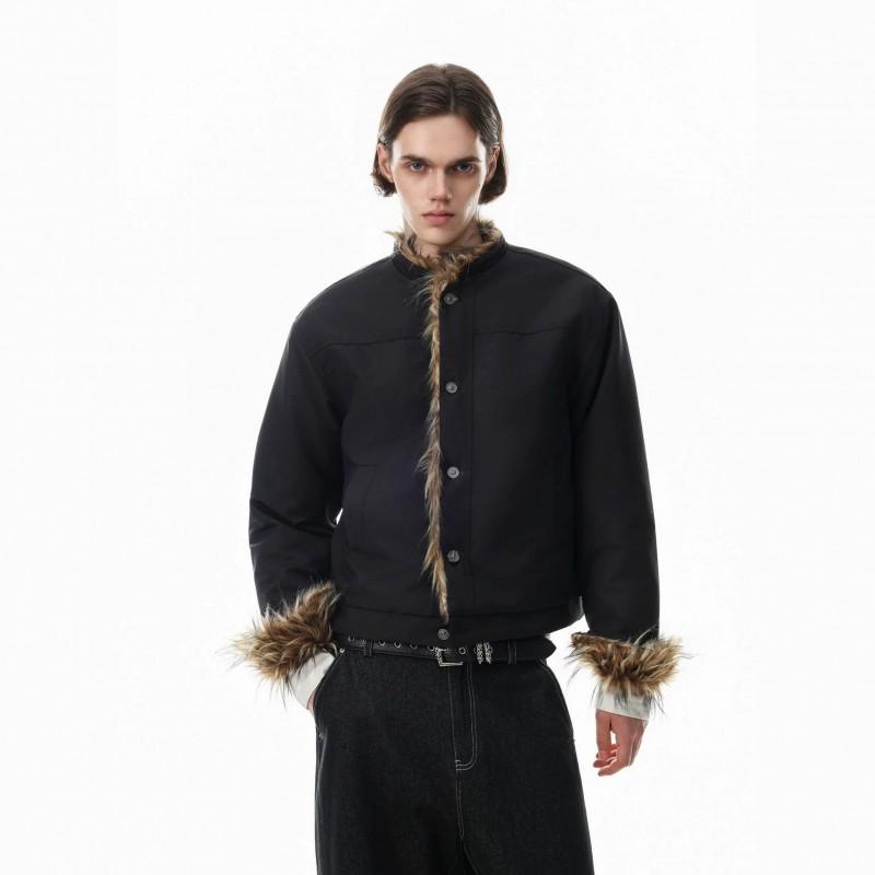 Winter Fleece Lined Cotton Puffer Jacket Men Vintage American Style Warm Coat With Fur Collar