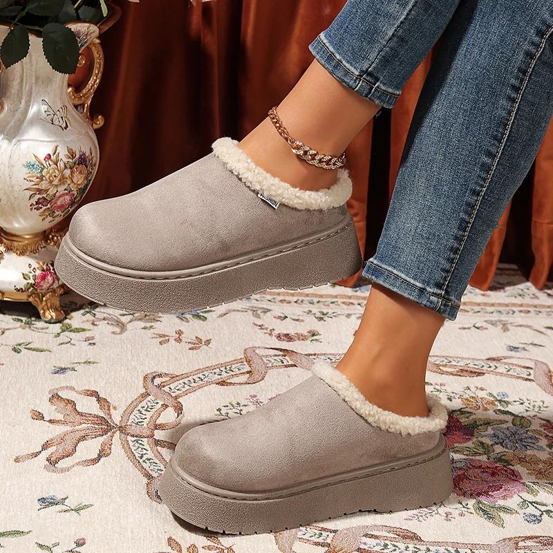 Fashion 2025 New Faux Suede Fur Slippers Women Winter Slip On Non Slip Thick Sole Snow Boots Woman Warm Thicken Plush Cotton Shoes 36-41