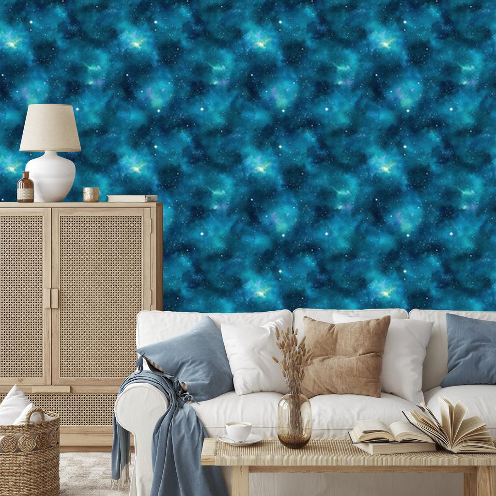 Watercolor Galaxy Wallpaper In Turquoise, Navy Blue, and Mint 50x1000