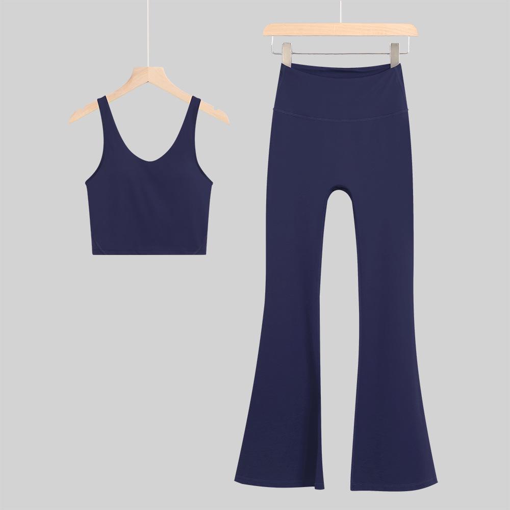 Lulu Bell Bottom Pants & U-Neck Vest Set with Bare Feel Sports Bra - Women s Yoga Wear L (6) чёрный