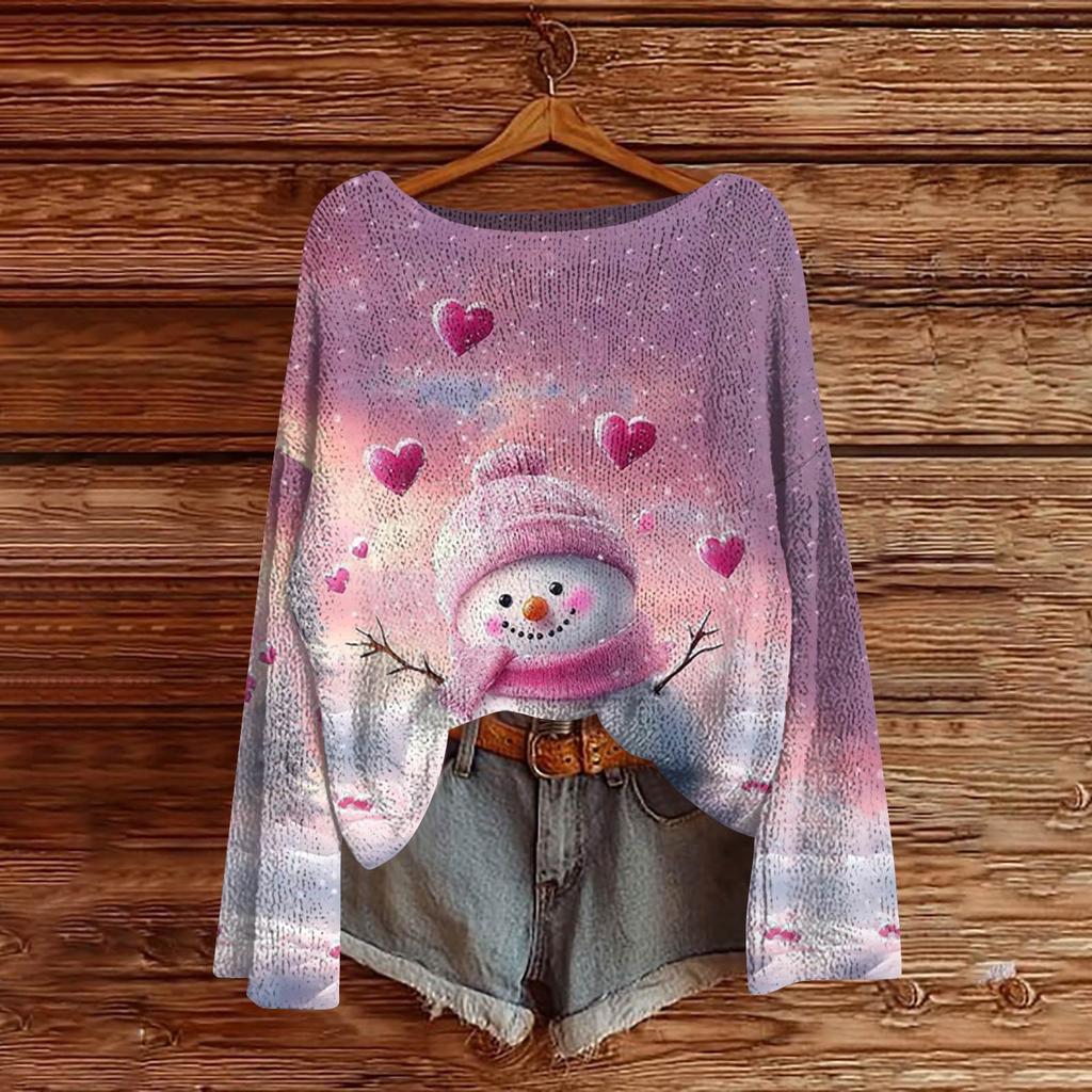 Women's Fashion Christmas Print Lightweight Sweater Casual Long-Sleeve Knit Pullover Top