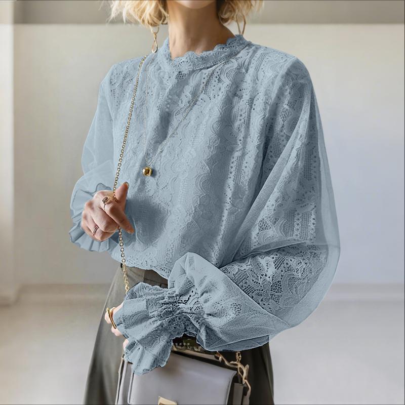 

ZANZEA Женская повседневная блузка с круглым вырезом, длинными рукавами и кружевной вставкой 4XL