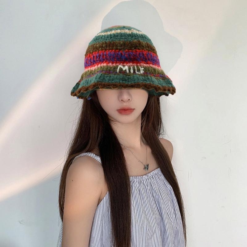 Rainbow Stripe Pattern Crochet Bucket Hat Ladies Commute Camping Fisherman Cap with Stripe Pattern for Girlfriend