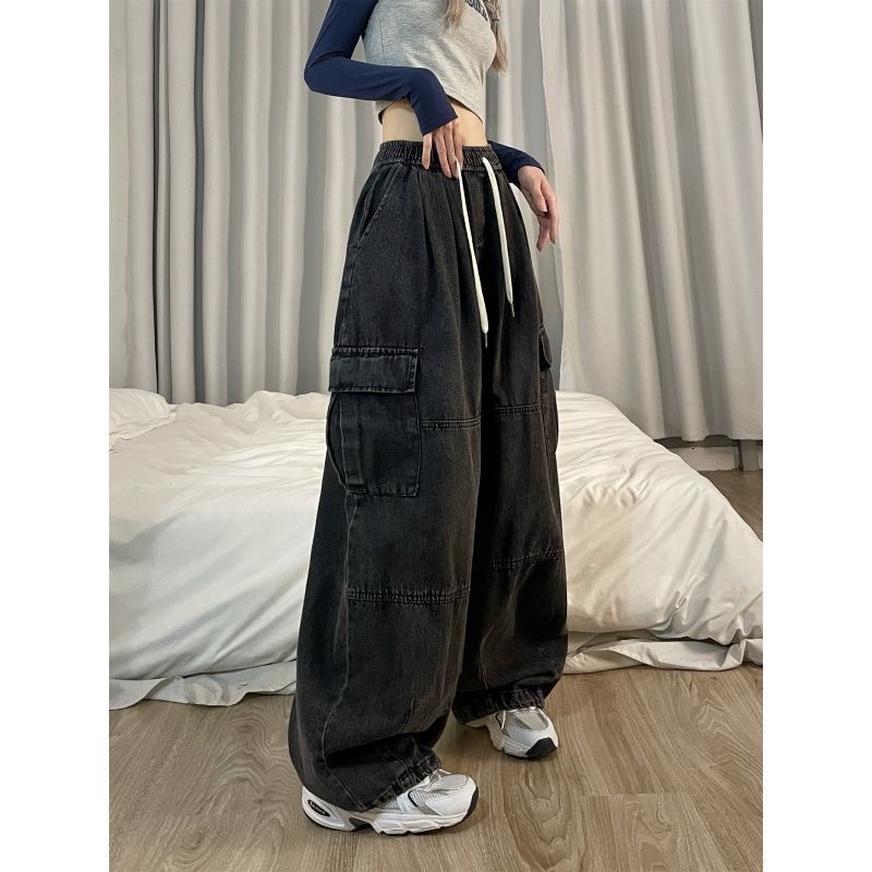 Four Season Women Loose Retro Jeans Tooling Wide-leg Loose Mopping Pants Hip-hop Hiphop Casual Pants