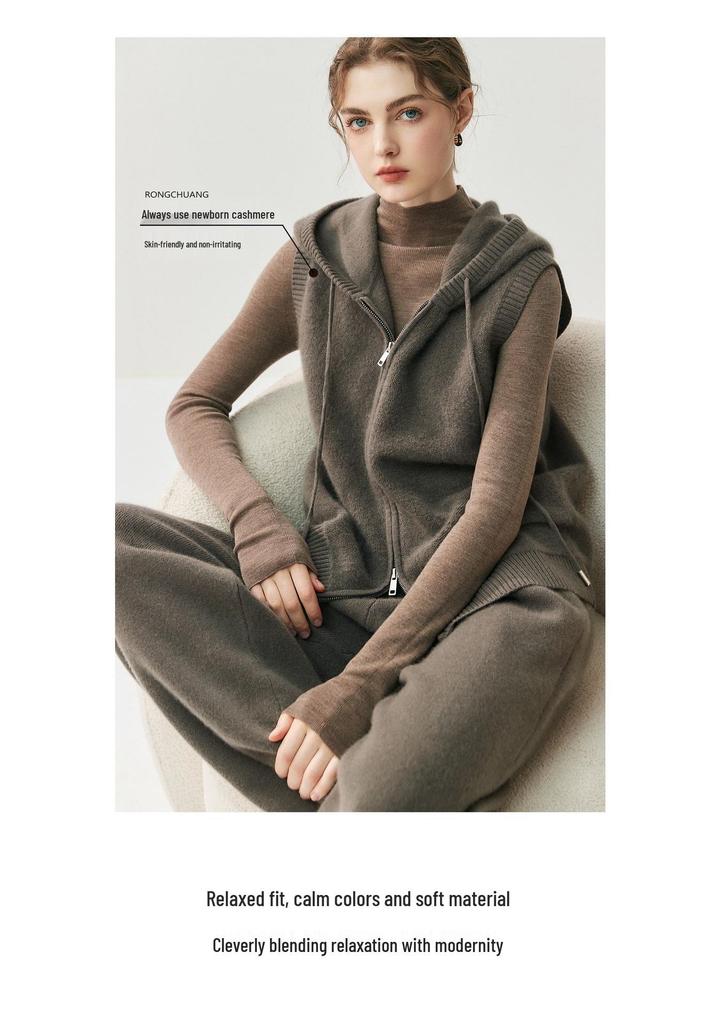 Women's Hooded Cashmere Knit Vest - Zippered, Sleeveless, Drawstring Cape for Autumn/Winter