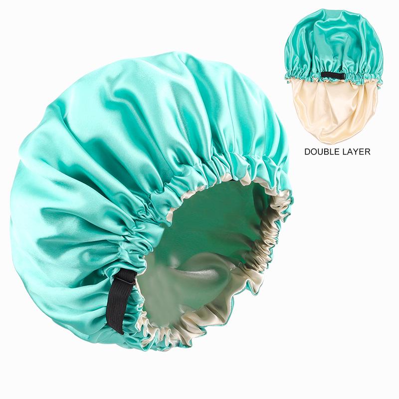Dual-Layer Satin Sleep Cap with Adjustable Buckle, Reversible Solid Color Design - Elastic European/American Shower Cap