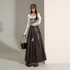 Women's High-End Retro Black PU Leather Pleated Midi Skirt - New Autumn/Winter Slim Fit, Large Swing Umbrella Style